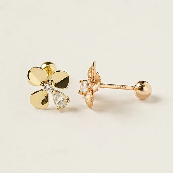 14K Gold Cubic Clover drop and stud Cartilage Earring 20G18G16G MinimalBijoux Earrings