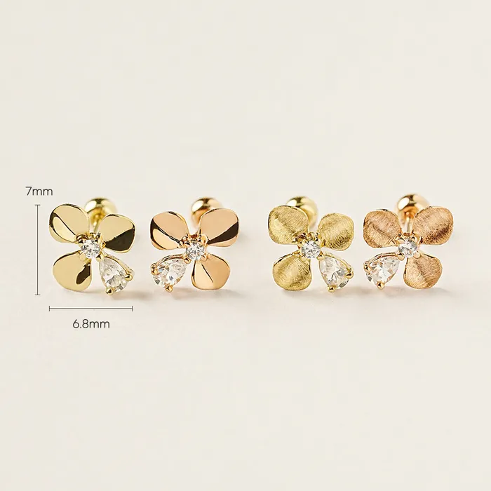 14K Gold Cubic Clover drop and stud Cartilage Earring 20G18G16G MinimalBijoux Earrings