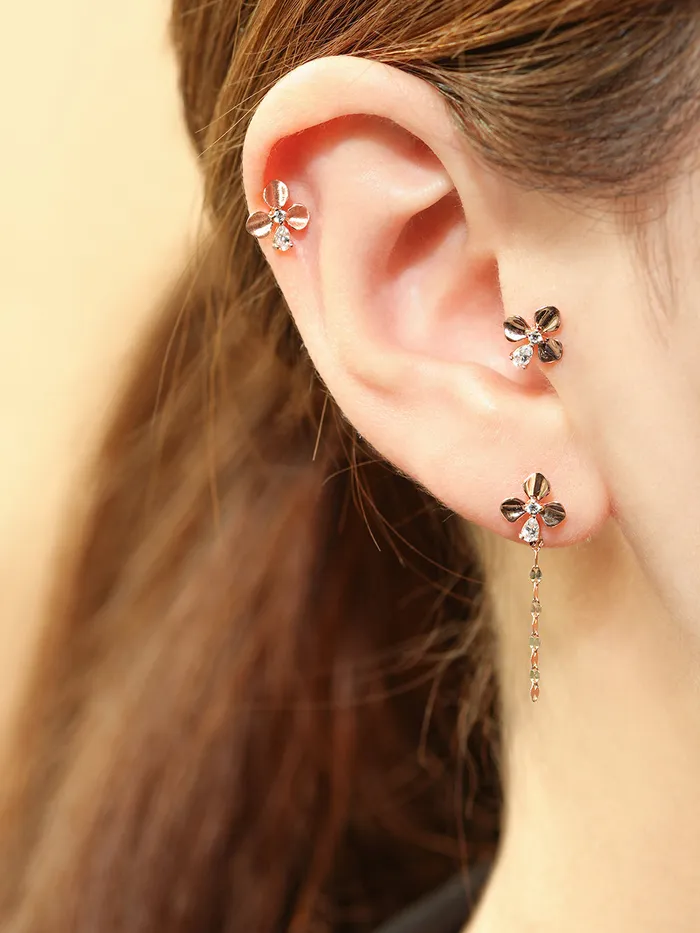 14K Gold Cubic Clover drop and stud Cartilage Earring 20G18G16G MinimalBijoux Earrings