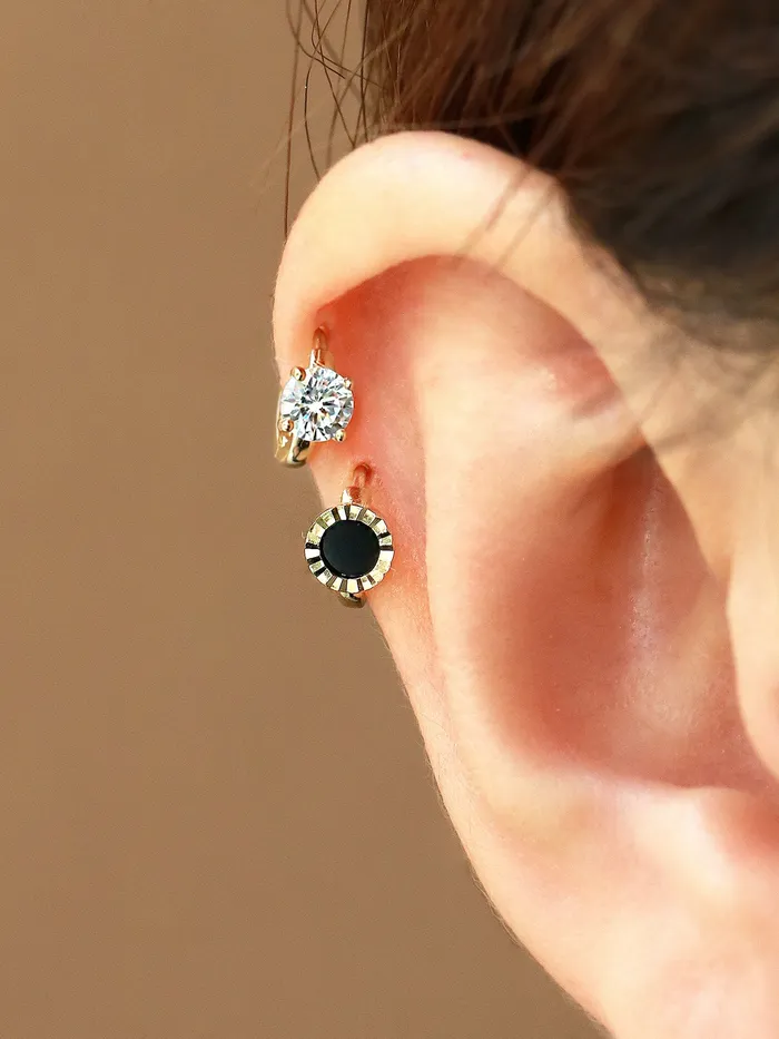 14K Gold CZ Onyx Hoop Earring MinimalBijoux Earrings
