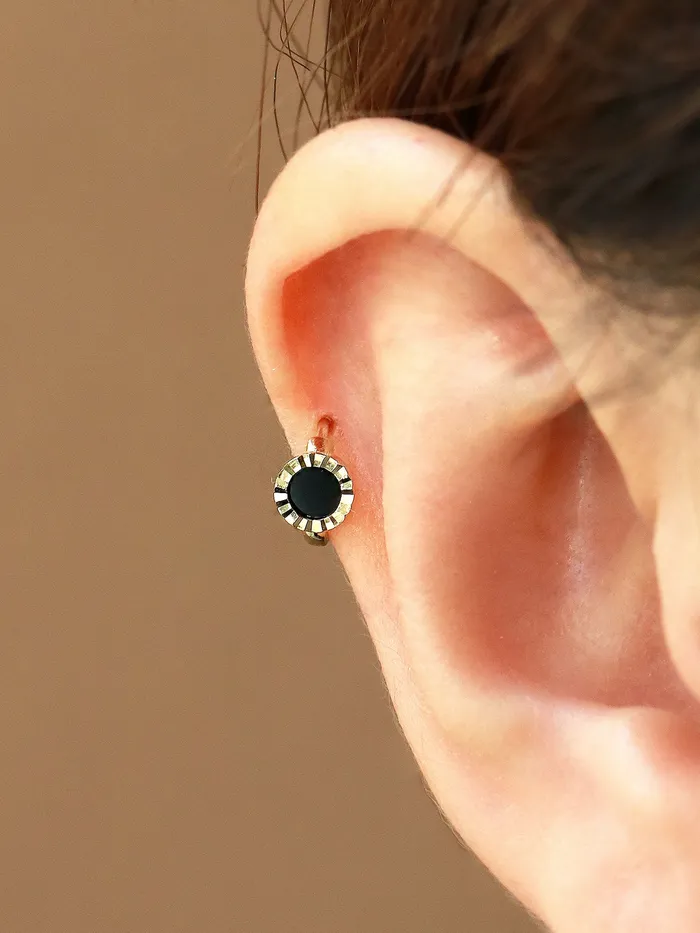 14K Gold CZ Onyx Hoop Earring MinimalBijoux Earrings