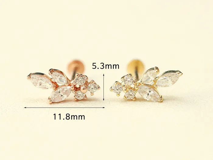 14K Gold Internal Bling Curve Leaf Labret Piercing 18G16G MinimalBijoux Earrings