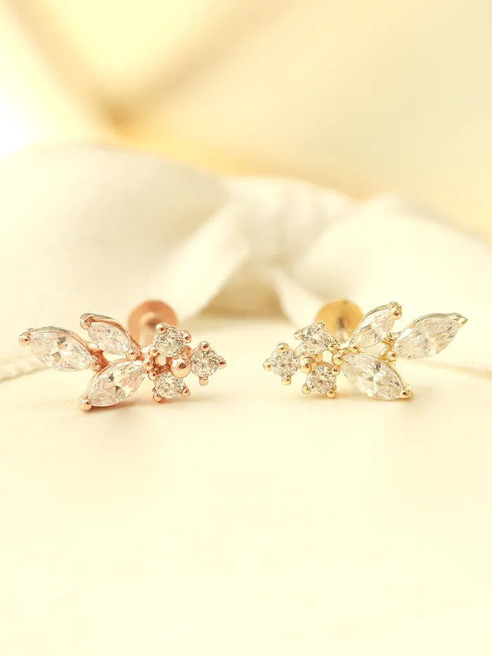 14K Gold Internal Bling Curve Leaf Labret Piercing 18G16G MinimalBijoux Earrings