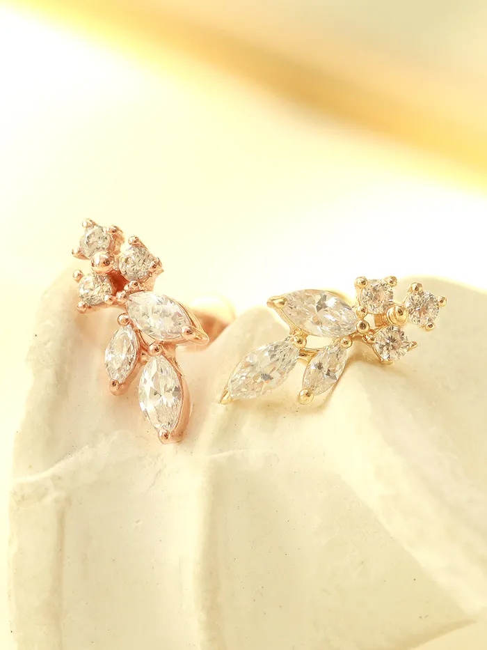 14K Gold Internal Bling Curve Leaf Labret Piercing 18G16G MinimalBijoux Earrings
