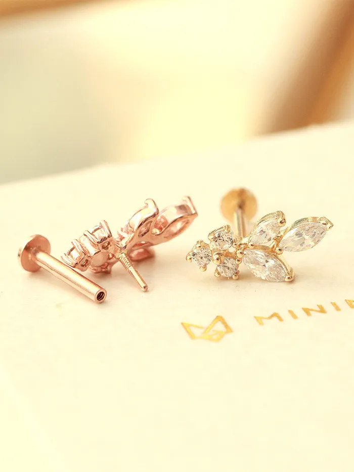 14K Gold Internal Bling Curve Leaf Labret Piercing 18G16G MinimalBijoux Earrings