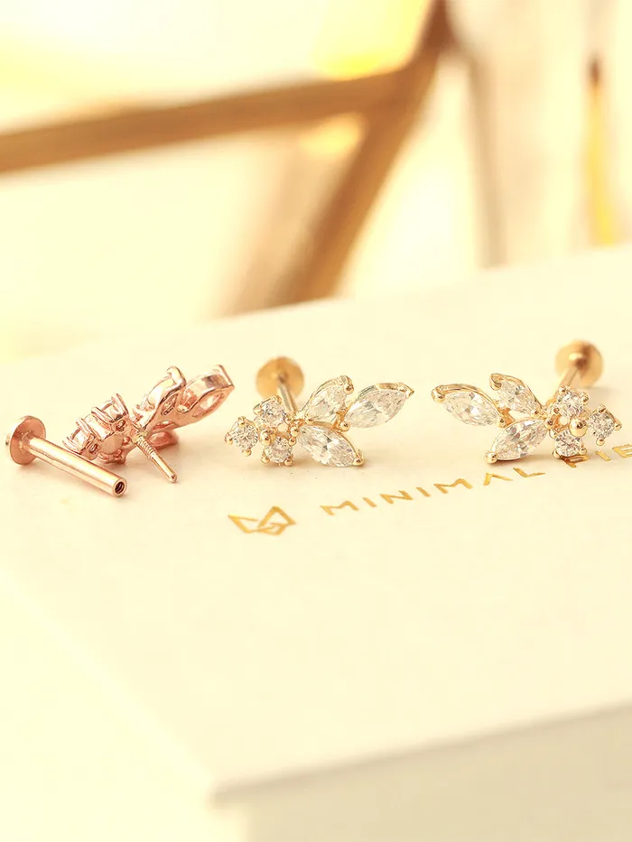 14K Gold Internal Bling Curve Leaf Labret Piercing 18G16G MinimalBijoux Earrings