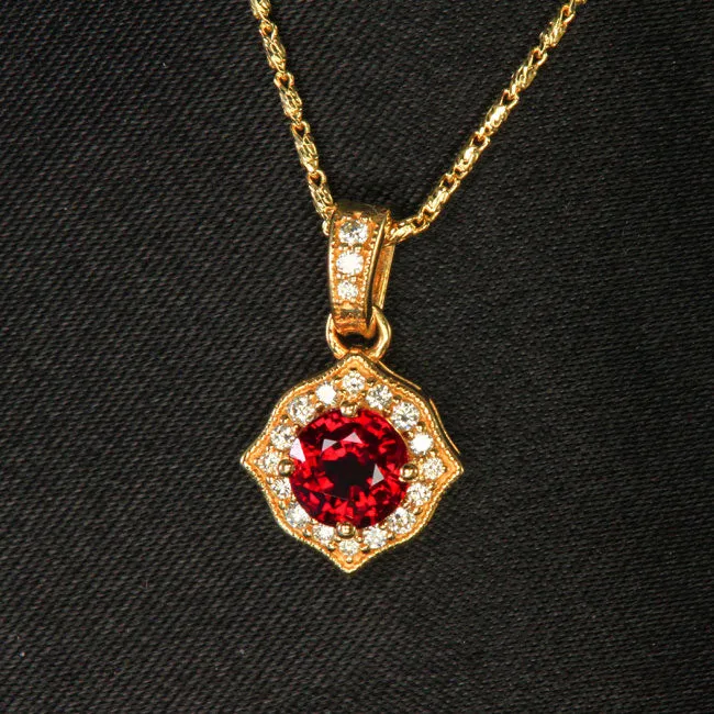 14K Yellow Gold Round Brilliant Ruby and Diamond Halo Pendant Moriartys Gem Art Necklaces 14K Yellow Gold Round Brilliant Ruby and Diamond Halo Pendant Moriartys Gem Art Necklaces