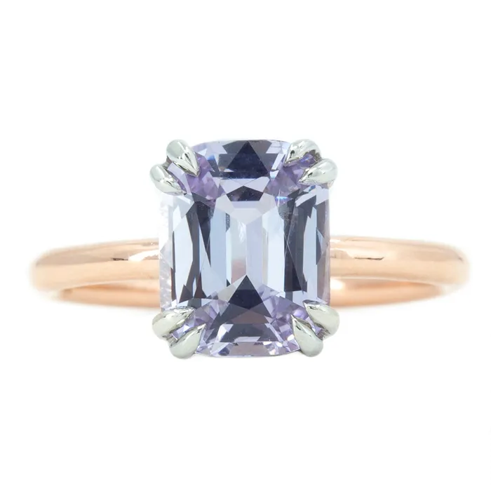 251ct Cushion Light Purple Silvery Grey Spinel Double Prong Solitaire in Two Tone Rose and White Gold Anueva Jewelry Rings 251ct Cushion Light Purple Silvery Grey Spinel Double Prong Solitaire in Two Tone Rose and White Gold Anueva Jewelry Rings
