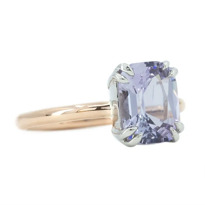 251ct Cushion Light Purple Silvery Grey Spinel Double Prong Solitaire in Two Tone Rose and White Gold Anueva Jewelry Rings