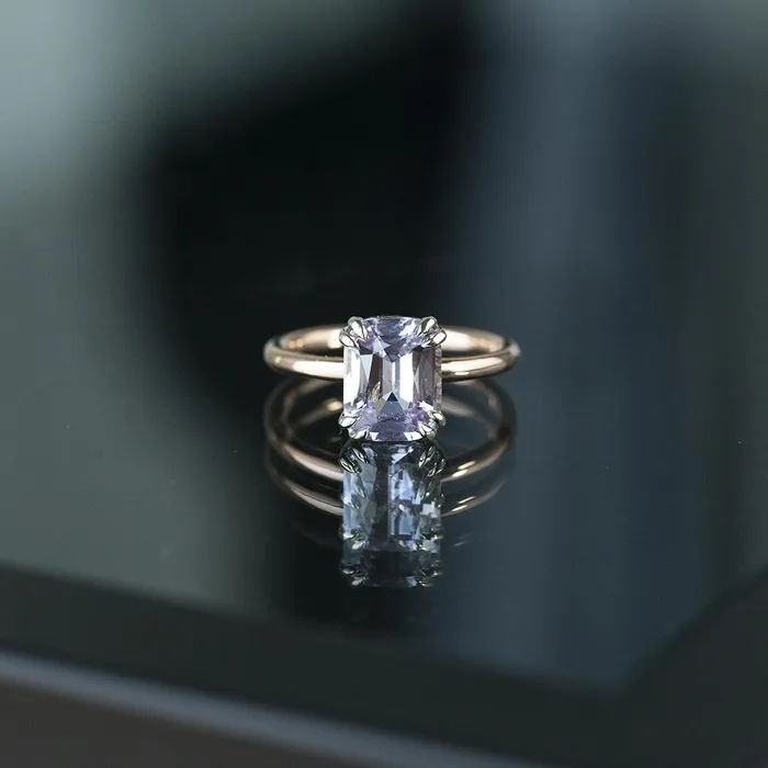 251ct Cushion Light Purple Silvery Grey Spinel Double Prong Solitaire in Two Tone Rose and White Gold Anueva Jewelry Rings