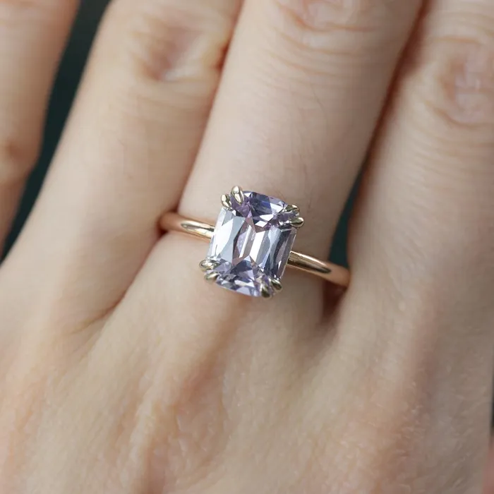 251ct Cushion Light Purple Silvery Grey Spinel Double Prong Solitaire in Two Tone Rose and White Gold Anueva Jewelry Rings