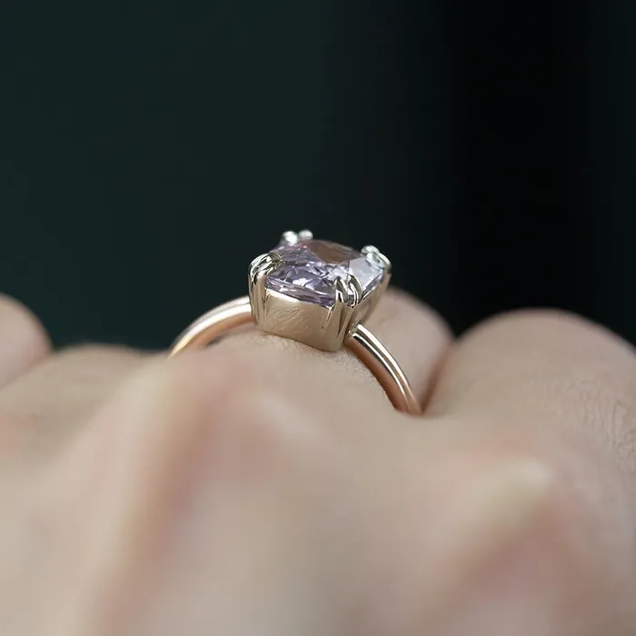 251ct Cushion Light Purple Silvery Grey Spinel Double Prong Solitaire in Two Tone Rose and White Gold Anueva Jewelry Rings