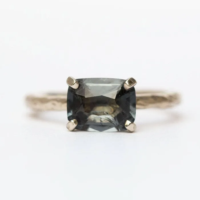 Anueva Jewelry 18ct Grey Spinel Cushion Engagement Ring Hand Carved Ring Gray Engagement EastWest Setting in Recycled White Gold by Anueva Jewelry Rings Anueva Jewelry 18ct Grey Spinel Cushion Engagement Ring Hand Carved Ring Gray Engagement EastWest Setting in Recycled White Gold by Anueva Jewelry Rings