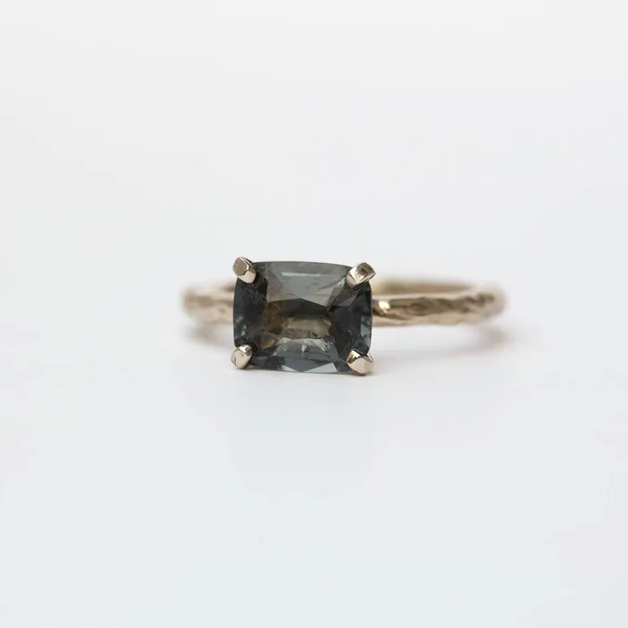 Anueva Jewelry 18ct Grey Spinel Cushion Engagement Ring Hand Carved Ring Gray Engagement EastWest Setting in Recycled White Gold by Anueva Jewelry Rings Anueva Jewelry 18ct Grey Spinel Cushion Engagement Ring Hand Carved Ring Gray Engagement EastWest Setting in Recycled White Gold by Anueva Jewelry Rings