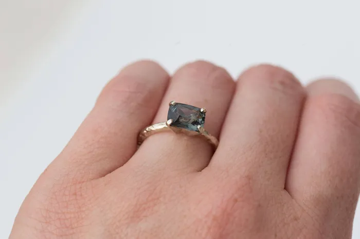Anueva Jewelry 18ct Grey Spinel Cushion Engagement Ring Hand Carved Ring Gray Engagement EastWest Setting in Recycled White Gold by Anueva Jewelry Rings Anueva Jewelry 18ct Grey Spinel Cushion Engagement Ring Hand Carved Ring Gray Engagement EastWest Setting in Recycled White Gold by Anueva Jewelry Rings