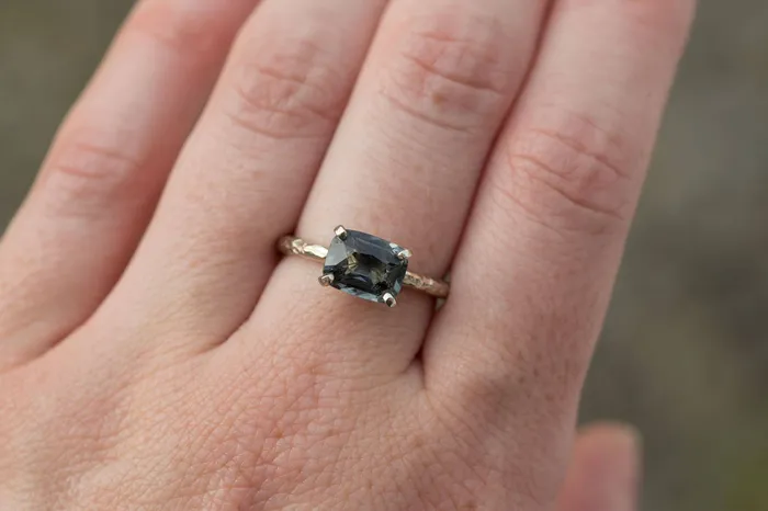 Anueva Jewelry 18ct Grey Spinel Cushion Engagement Ring Hand Carved Ring Gray Engagement EastWest Setting in Recycled White Gold by Anueva Jewelry Rings Anueva Jewelry 18ct Grey Spinel Cushion Engagement Ring Hand Carved Ring Gray Engagement EastWest Setting in Recycled White Gold by Anueva Jewelry Rings