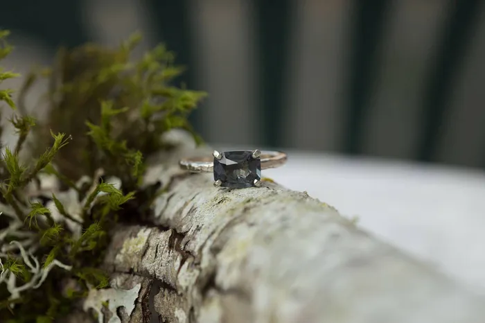 Anueva Jewelry 18ct Grey Spinel Cushion Engagement Ring Hand Carved Ring Gray Engagement EastWest Setting in Recycled White Gold by Anueva Jewelry Rings Anueva Jewelry 18ct Grey Spinel Cushion Engagement Ring Hand Carved Ring Gray Engagement EastWest Setting in Recycled White Gold by Anueva Jewelry Rings
