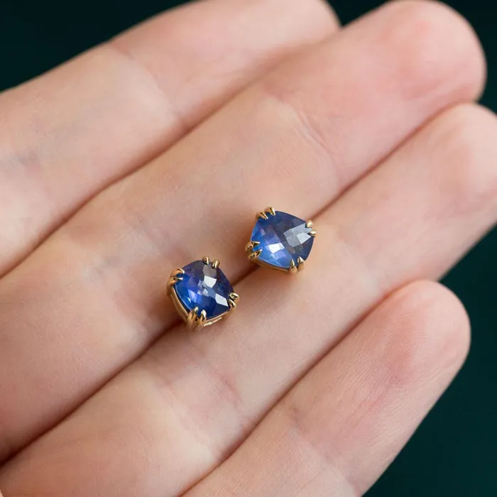 Anueva Jewelry Cushion Rosecut Sapphire Earrings in 18k Yellow Gold Double Prong Settings Earrings