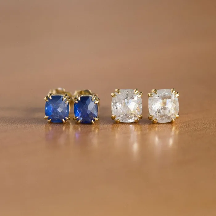 Anueva Jewelry Cushion Rosecut Sapphire Earrings in 18k Yellow Gold Double Prong Settings Earrings