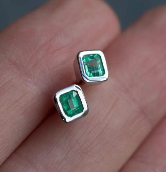 Anueva Jewelry Earrings Emerald Bezel Set Earrings in Rose and Yellow Gold