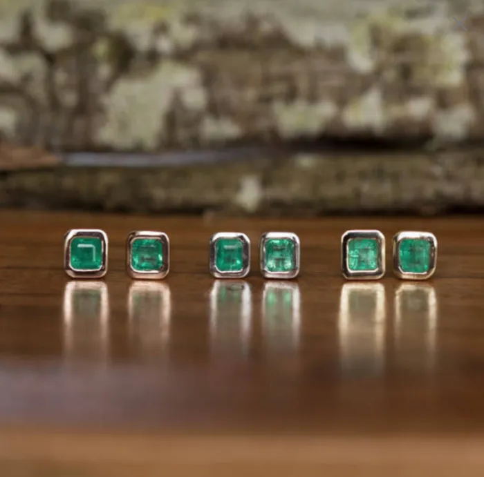 Anueva Jewelry Earrings Emerald Bezel Set Earrings in Rose and Yellow Gold