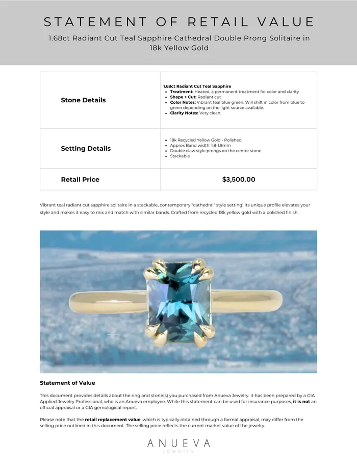 Anueva Jewelry PreStyled Sets 168ct Radiant Cut Ocean Blue Teal Sapphire Cathedral Double Prong Solitaire in 18k Yellow Gold