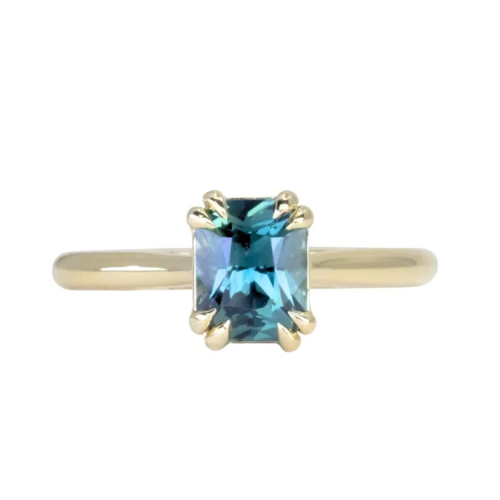 Anueva Jewelry PreStyled Sets 168ct Radiant Cut Ocean Blue Teal Sapphire Cathedral Double Prong Solitaire in 18k Yellow Gold