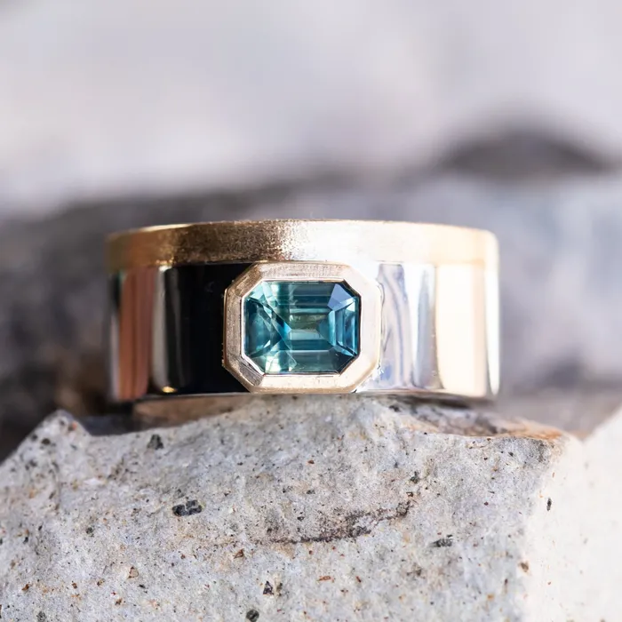 Anueva Jewelry Rings 123ct Emerald cut Sapphire Signet in Satin Polished Finish 14k Two Tone Gold Anueva Jewelry Rings 123ct Emerald cut Sapphire Signet in Satin Polished Finish 14k Two Tone Gold