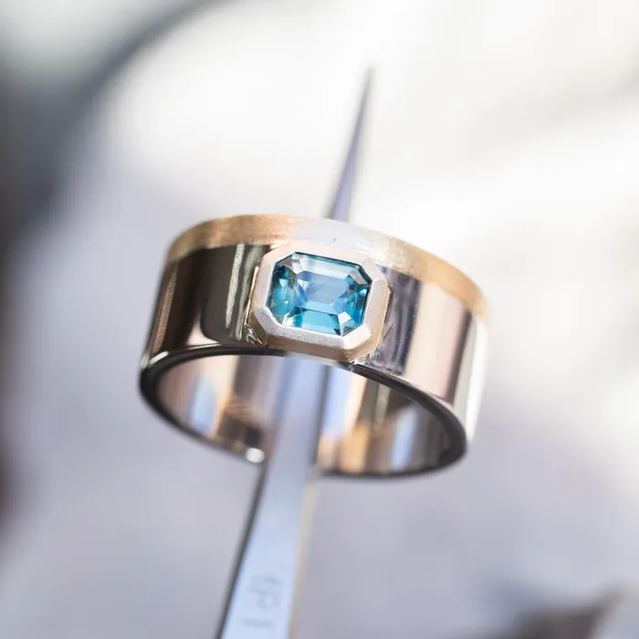 Anueva Jewelry Rings 123ct Emerald cut Sapphire Signet in Satin Polished Finish 14k Two Tone Gold