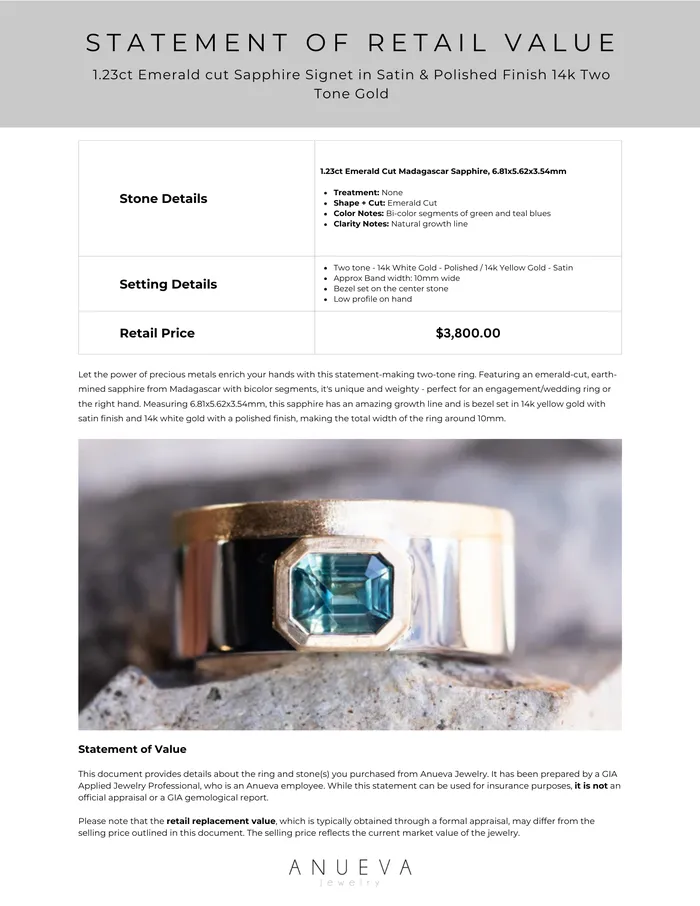 Anueva Jewelry Rings 123ct Emerald cut Sapphire Signet in Satin Polished Finish 14k Two Tone Gold