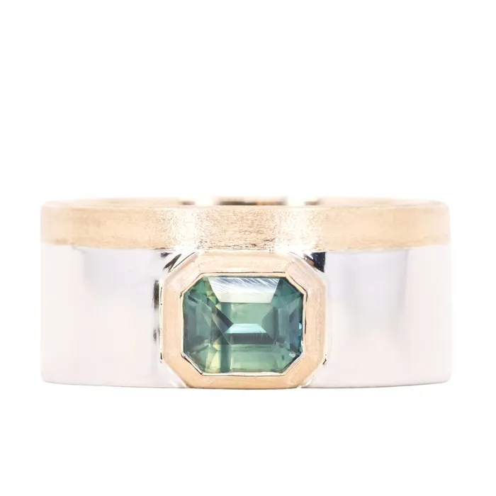 Anueva Jewelry Rings 123ct Emerald cut Sapphire Signet in Satin Polished Finish 14k Two Tone Gold