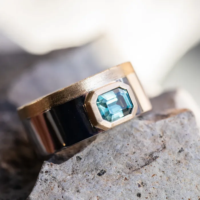 Anueva Jewelry Rings 123ct Emerald cut Sapphire Signet in Satin Polished Finish 14k Two Tone Gold