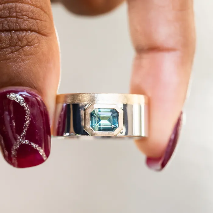 Anueva Jewelry Rings 123ct Emerald cut Sapphire Signet in Satin Polished Finish 14k Two Tone Gold