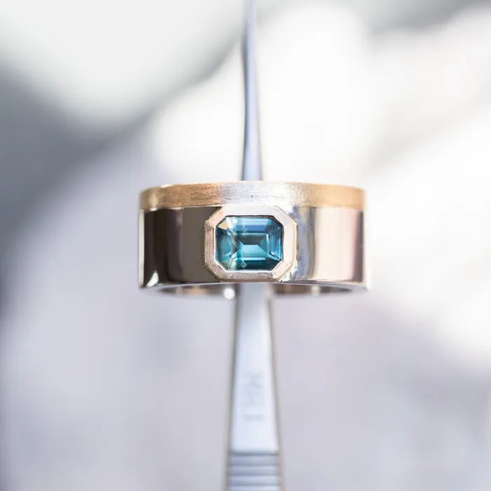 Anueva Jewelry Rings 123ct Emerald cut Sapphire Signet in Satin Polished Finish 14k Two Tone Gold