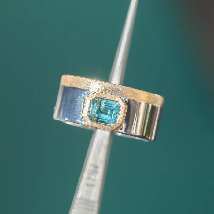 Anueva Jewelry Rings 123ct Emerald cut Sapphire Signet in Satin Polished Finish 14k Two Tone Gold