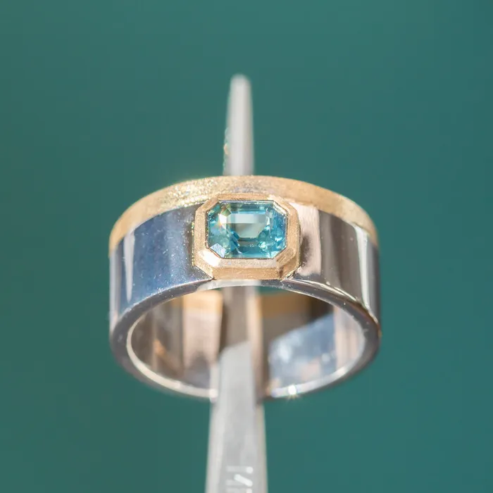 Anueva Jewelry Rings 123ct Emerald cut Sapphire Signet in Satin Polished Finish 14k Two Tone Gold