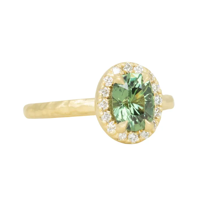 Anueva Jewelry Rings 138ct Oval Green Montana Sapphire 18k Yellow Satin Evergreen Halo Ring