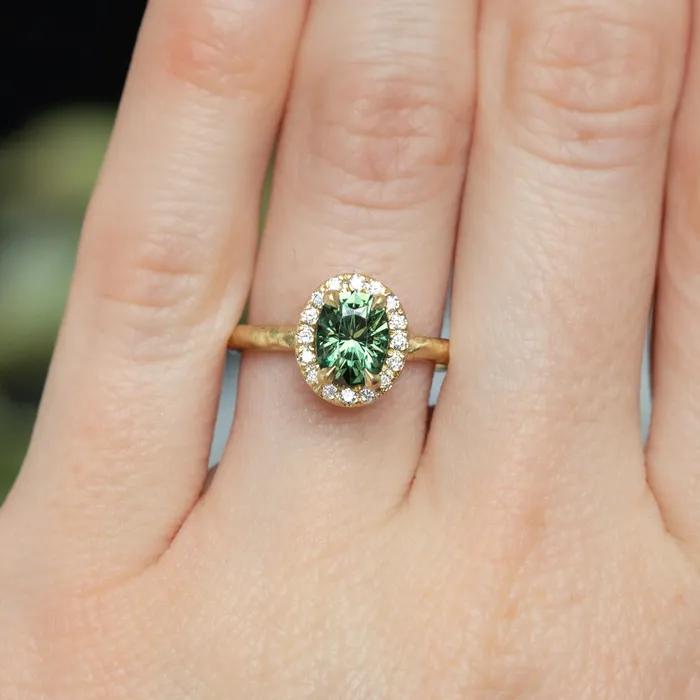 Anueva Jewelry Rings 138ct Oval Green Montana Sapphire 18k Yellow Satin Evergreen Halo Ring