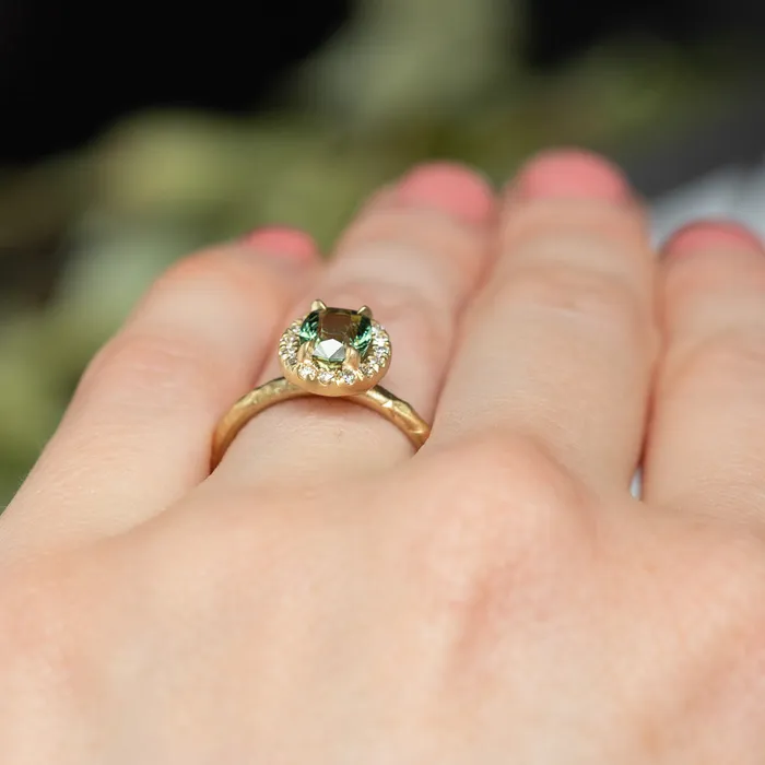 Anueva Jewelry Rings 138ct Oval Green Montana Sapphire 18k Yellow Satin Evergreen Halo Ring