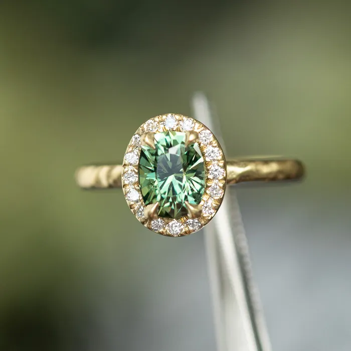Anueva Jewelry Rings 138ct Oval Green Montana Sapphire 18k Yellow Satin Evergreen Halo Ring