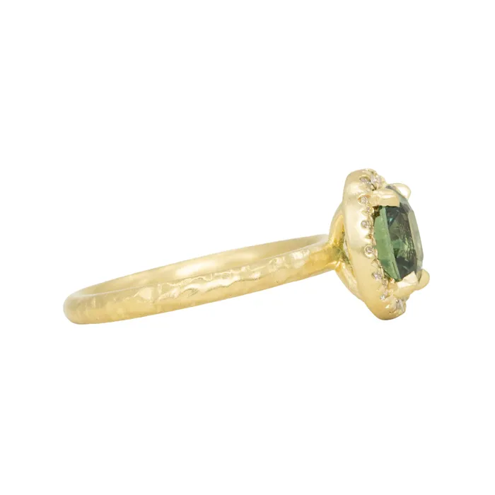 Anueva Jewelry Rings 138ct Oval Green Montana Sapphire 18k Yellow Satin Evergreen Halo Ring
