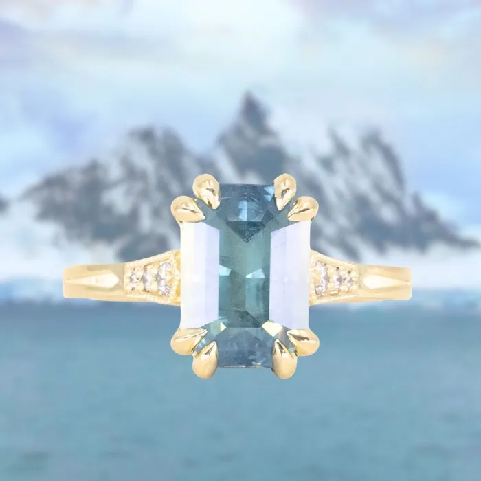 Anueva Jewelry Rings 362ct Untreated Emerald Cut Montana Sapphire and Diamond Vintage Cathedral Double Prong Ring in 18k Yellow Gold Anueva Jewelry Rings 362ct Untreated Emerald Cut Montana Sapphire and Diamond Vintage Cathedral Double Prong Ring in 18k Yellow Gold