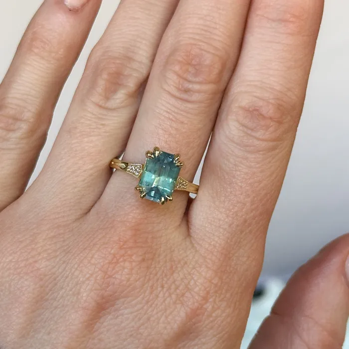 Anueva Jewelry Rings 362ct Untreated Emerald Cut Montana Sapphire and Diamond Vintage Cathedral Double Prong Ring in 18k Yellow Gold