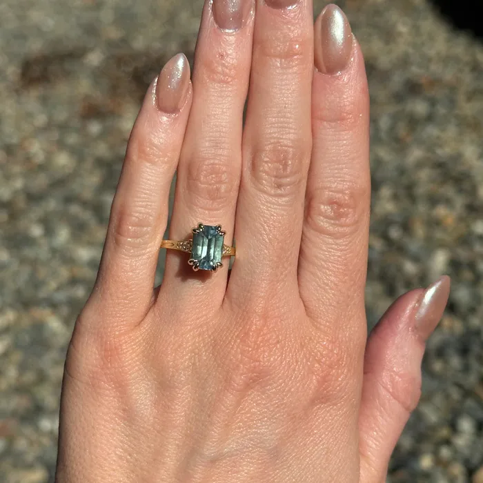 Anueva Jewelry Rings 362ct Untreated Emerald Cut Montana Sapphire and Diamond Vintage Cathedral Double Prong Ring in 18k Yellow Gold