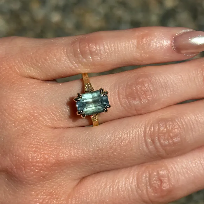 Anueva Jewelry Rings 362ct Untreated Emerald Cut Montana Sapphire and Diamond Vintage Cathedral Double Prong Ring in 18k Yellow Gold