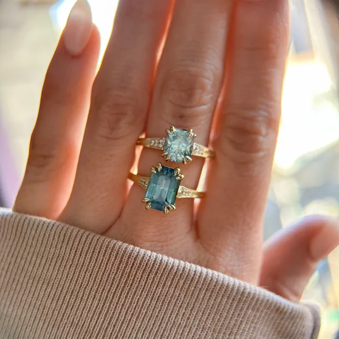 Anueva Jewelry Rings 362ct Untreated Emerald Cut Montana Sapphire and Diamond Vintage Cathedral Double Prong Ring in 18k Yellow Gold