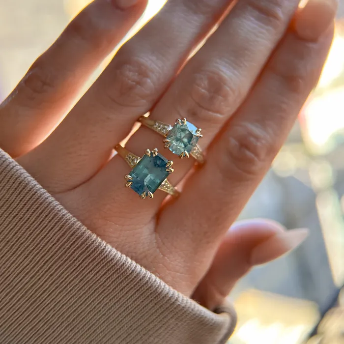 Anueva Jewelry Rings 362ct Untreated Emerald Cut Montana Sapphire and Diamond Vintage Cathedral Double Prong Ring in 18k Yellow Gold