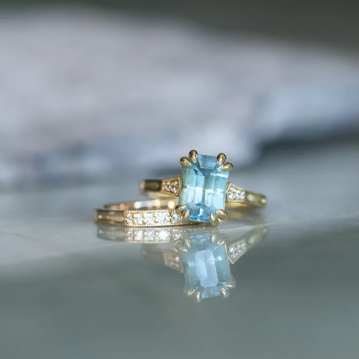 Anueva Jewelry Rings 362ct Untreated Emerald Cut Montana Sapphire and Diamond Vintage Cathedral Double Prong Ring in 18k Yellow Gold
