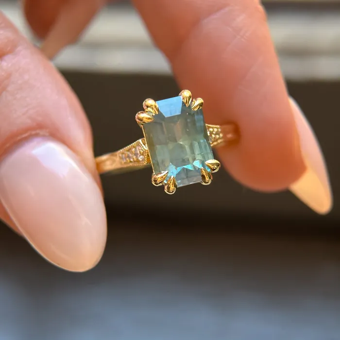 Anueva Jewelry Rings 362ct Untreated Emerald Cut Montana Sapphire and Diamond Vintage Cathedral Double Prong Ring in 18k Yellow Gold