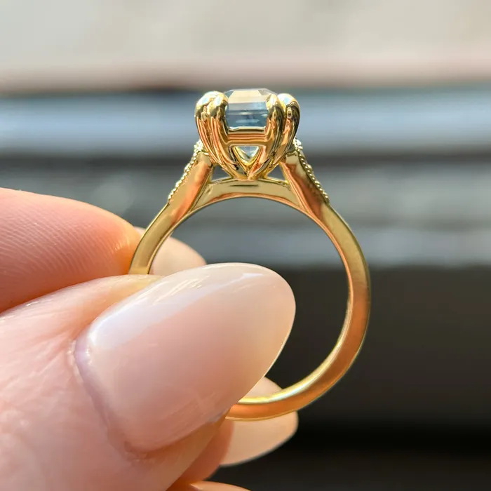 Anueva Jewelry Rings 362ct Untreated Emerald Cut Montana Sapphire and Diamond Vintage Cathedral Double Prong Ring in 18k Yellow Gold